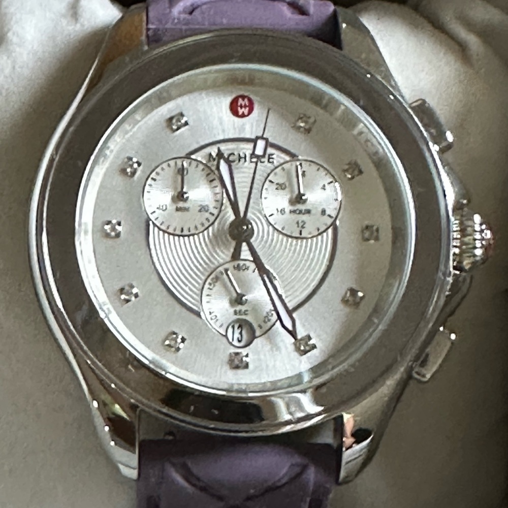Michele Silver Watch with Purple Strap